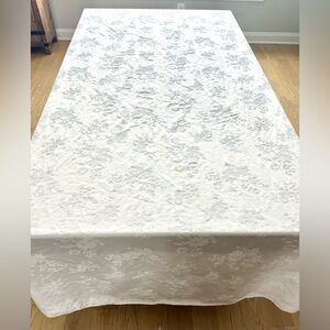 Spring Jubilee Tablecloth 60” x 120” – White Floral Damask – Seats 10–12